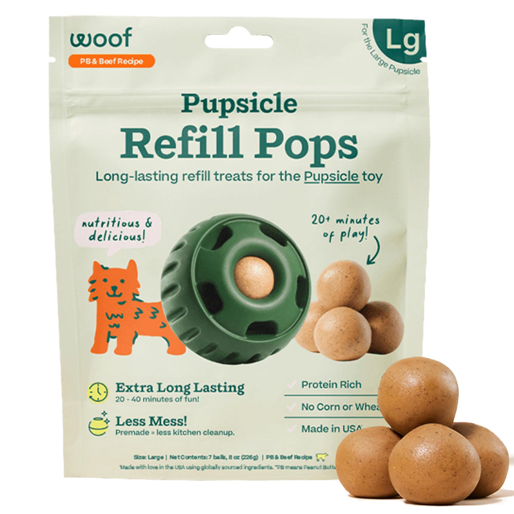 WOOF Pupsicle Refill Pops close-up showing peanut butter and beef flavor for long-lasting dog treats.
