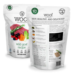 WOOF Wild Goat bag back nutrition panel highlights natural ingredients and no artificial additives.