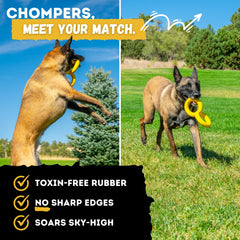 WoofBite Tug Rings in yellow for easy visibility during large-breed play.