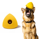 WoofBite pyramid toy closeup in bright yellow, built for durable chewing.