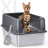 WoofiGo enclosed stainless steel litter box with lid, showing a spacious XL interior for big cats.