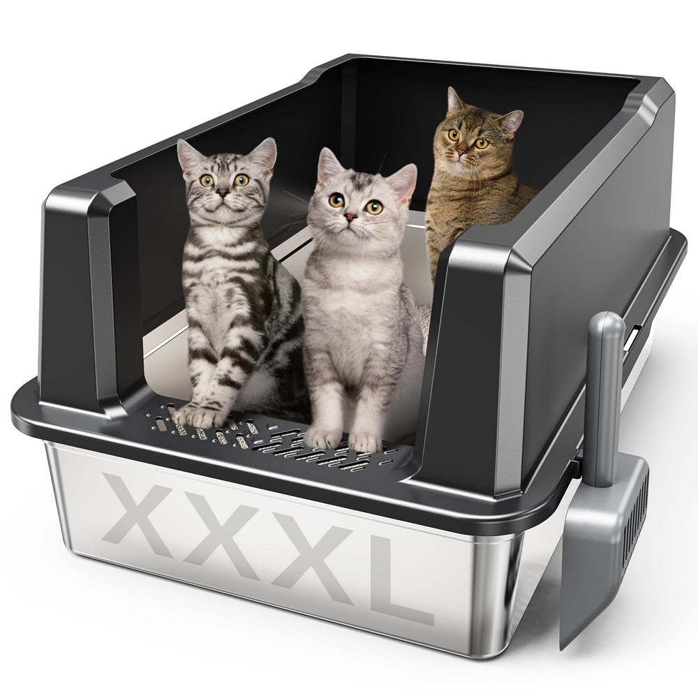 WoofiGo XXL stainless steel litter box front view, spacious for large cats.