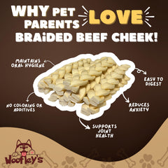 Open-pack view shows Woofley's Buffalo Beef Cheek Braids ready for chewing.