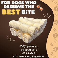Woofley's buffalo beef cheek roll closeup texture highlights natural chew value.