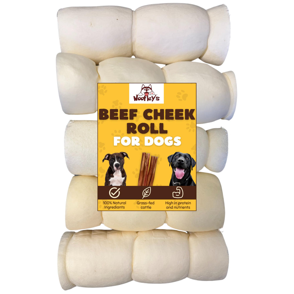 Woofley's buffalo beef cheek roll pack shown for long-lasting dog chew sessions.
