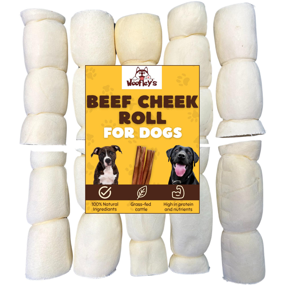 Woofley's buffalo beef cheek roll pack shows ten-count bag for long-lasting dog chewing.