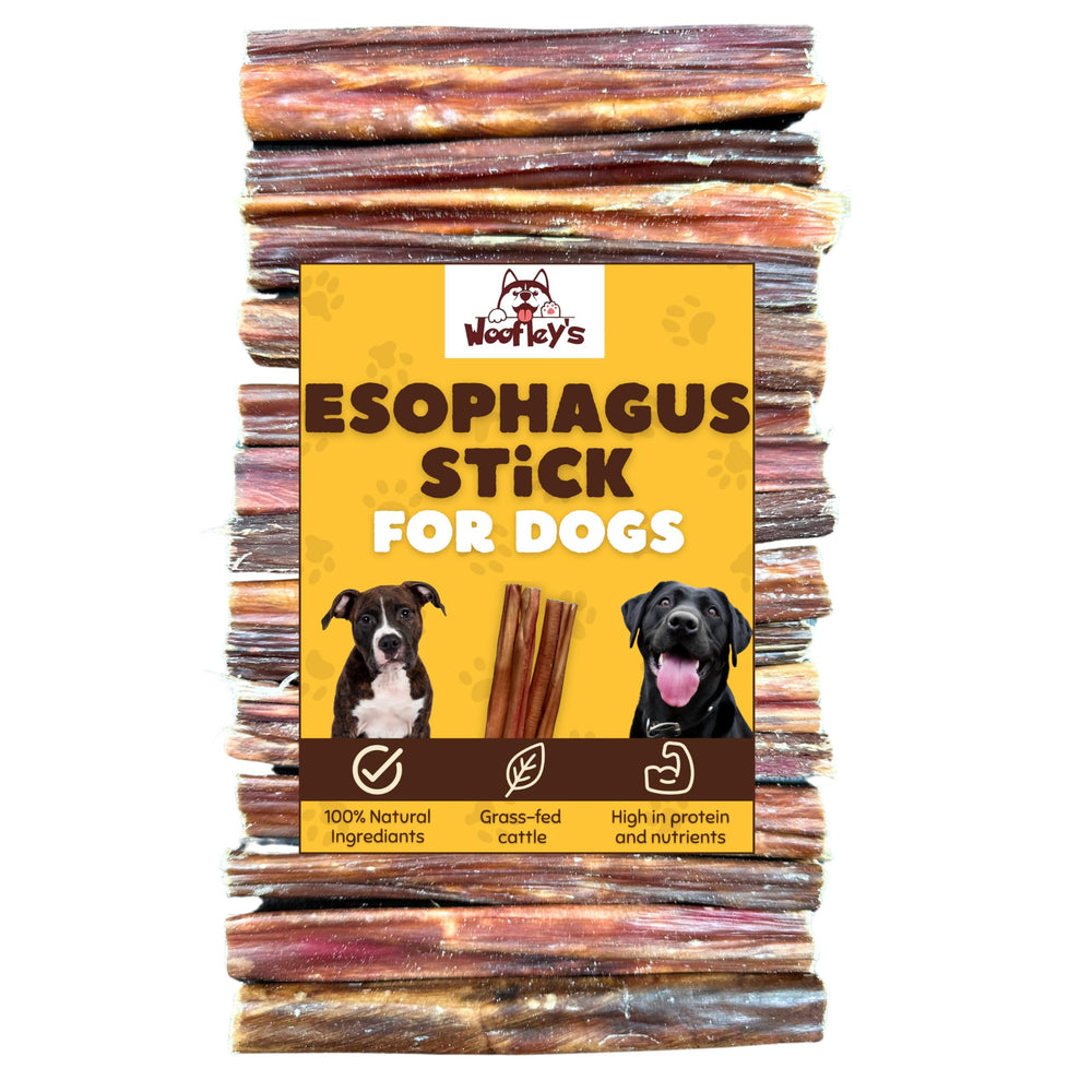Woofley's Esophagus Stick 1lb package, durable chew for extended play sessions.