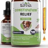 WoofnPurr Constipation Relief drops bottle ready for quick, gentle relief at mealtime.