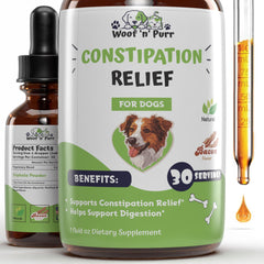 WoofnPurr Constipation Relief drops bottle ready for quick, gentle relief at mealtime.
