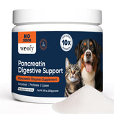 Woofy Pancreatin digestive support bottle front view, odorless formula for easy mixing