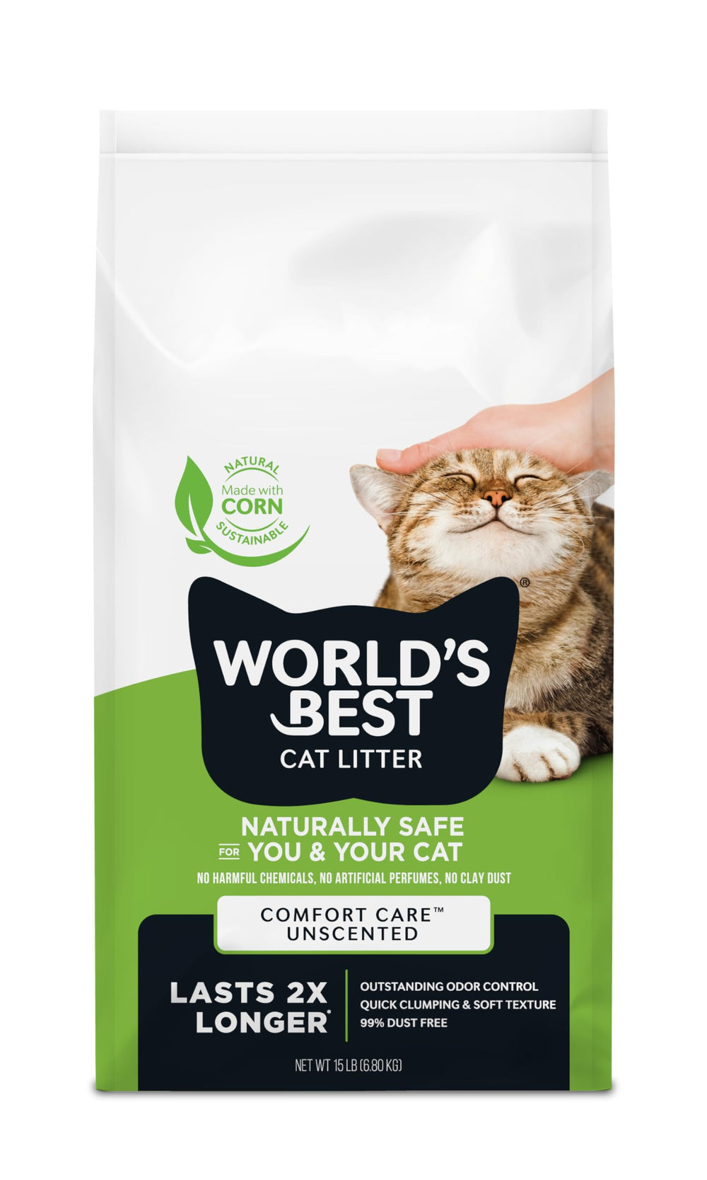 World's Best Cat Litter Comfort Care Unscented 15lb demonstrates fragrance-free odor control for sensitive noses.