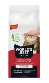 World's Best Cat Litter packaging showing multi-cat unscented 32 lb bag for odor control.