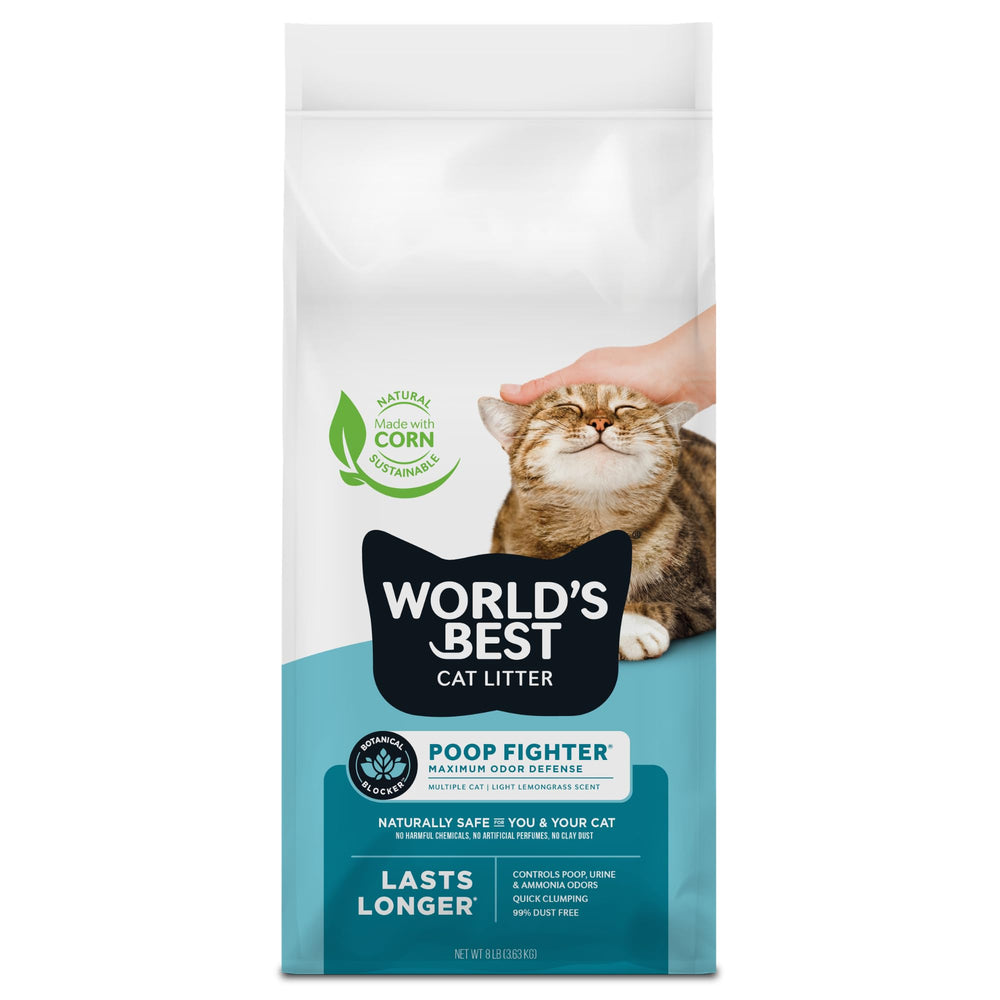 World's Best Cat Litter Poop Fighter packaging highlights sustainable formula and easy handling.