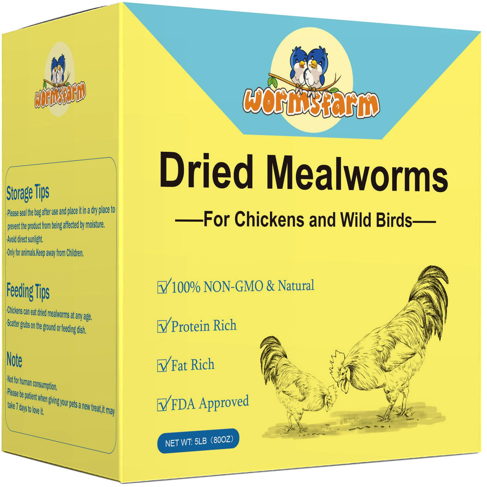 WormsFarm 5lb dried mealworms packaging shows easy to store box