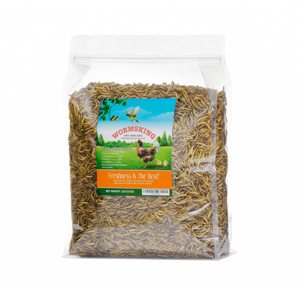 WORMSKING 2lb bag of dried mealworms ready for poultry feeding.
