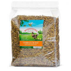 WORMSKING 5lb dried mealworms in a resealable bag for poultry feeding.