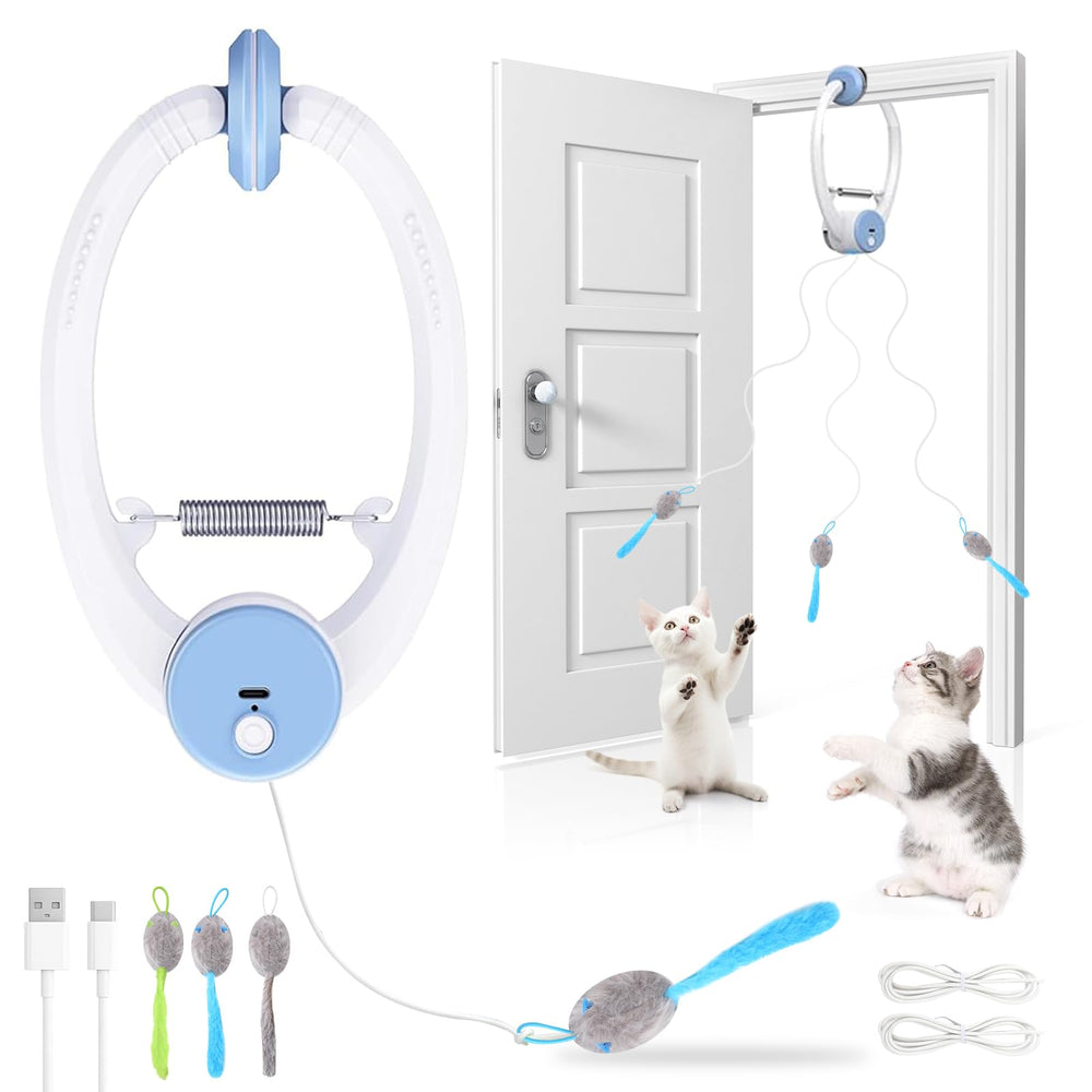 Wortade interactive cat toy hanging on a door frame to engage indoor cats.