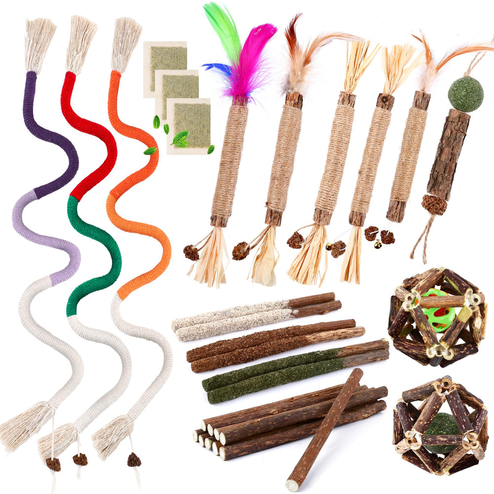 WOUSEDO catnip chew toys 27-pack showcasing natural scents to spark playful chewing.