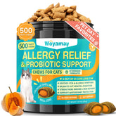 Woyamay Cat Allergy Relief bottle shows convenient daily probiotic support for skin and gut.