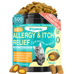 Woyamay Cat Allergy Relief Chews pack shot highlighting chicken flavor for itch and immune support.