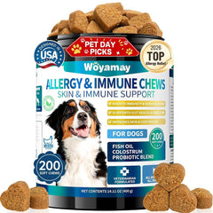 Woyamay dog allergy chews bottle showing easy daily use.