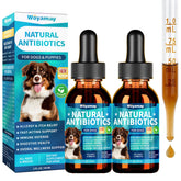 Woyamay dog antibiotics bottle showing a natural formula for allergy relief and skin comfort.