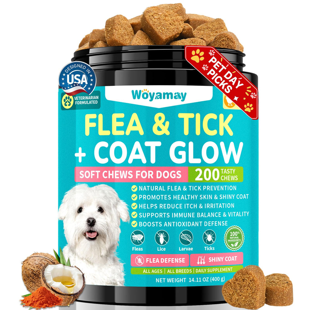 Woyamay Flea + Coat Glow chews package shows chicken flavor for daily flea and tick prevention.
