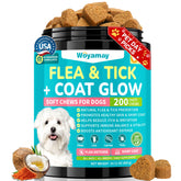 Woyamay Flea + Coat Glow chews package shows chicken flavor for daily flea and tick prevention.