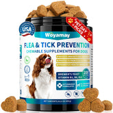 Woyamay flea and tick chews bag visual; supports natural flea prevention for dogs.