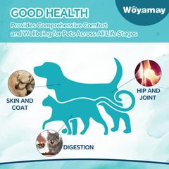 Woyamay hemp oil drops used in pet food for easy administration.