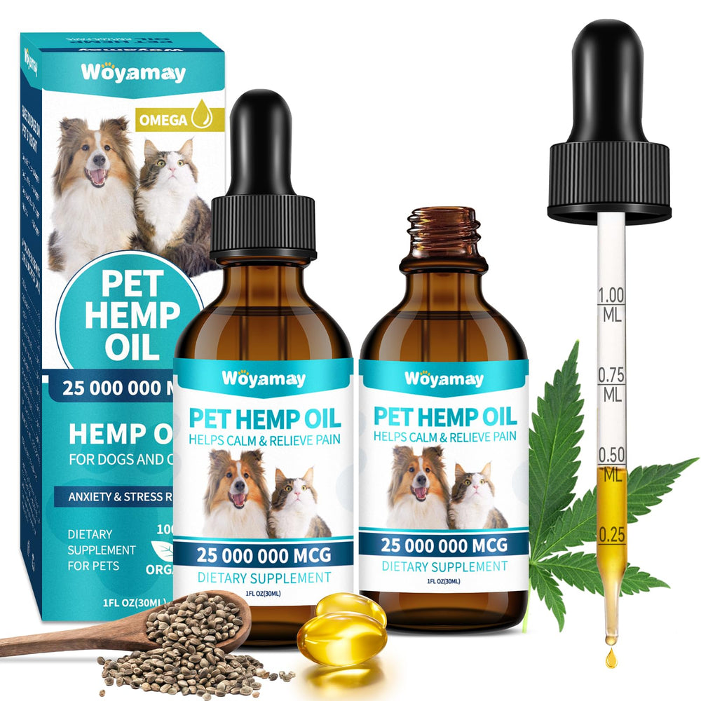 Woyamay hemp oil drops bottle promotes calm for pets.
