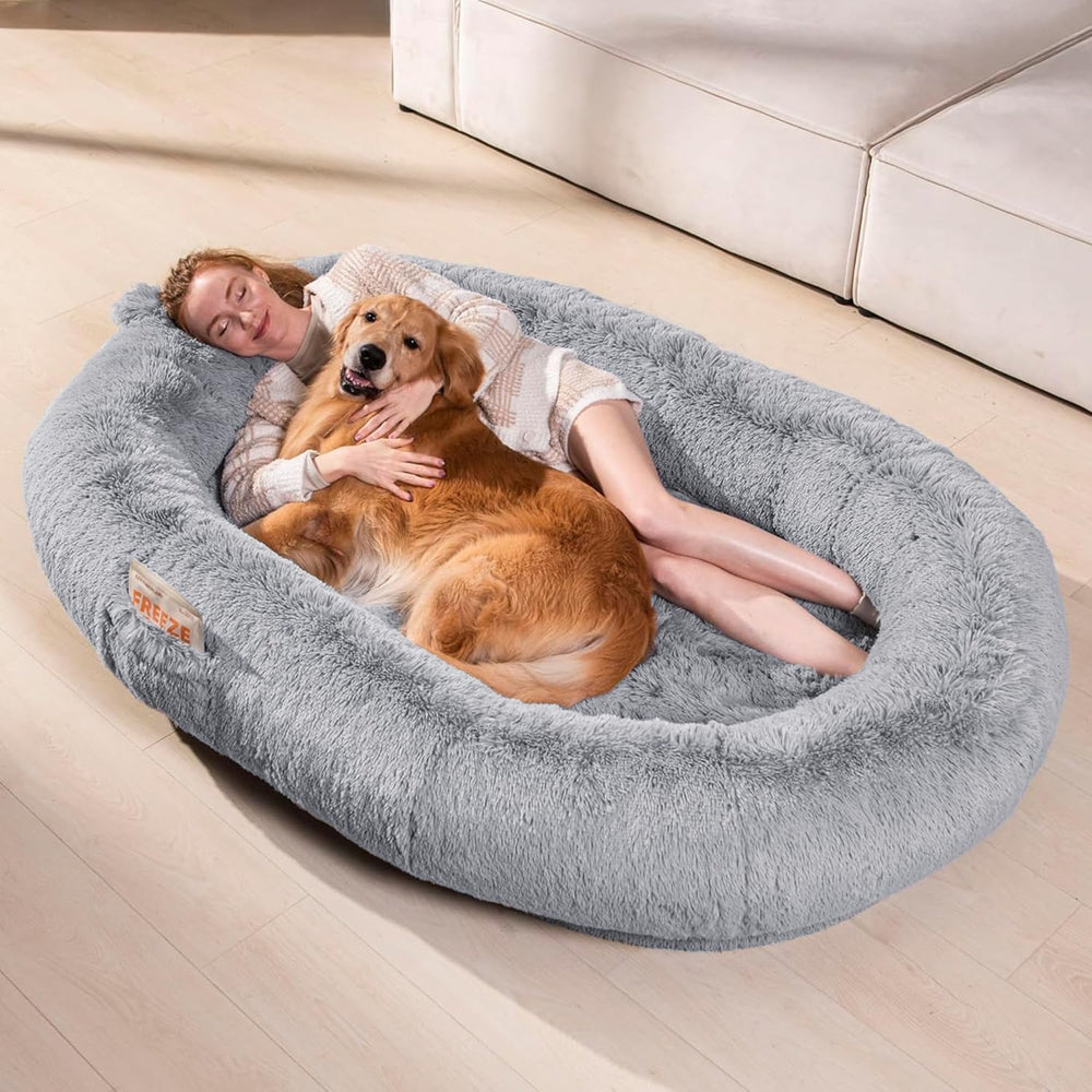 WOZOKE Giant Human Dog Bed cover close-up shows waterproof fabric for easy cleaning