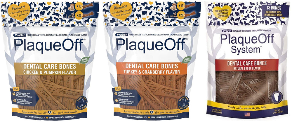 WPARHUS ProDen PlaqueOff chicken-pumpkin dental bones shown for daily dental care.