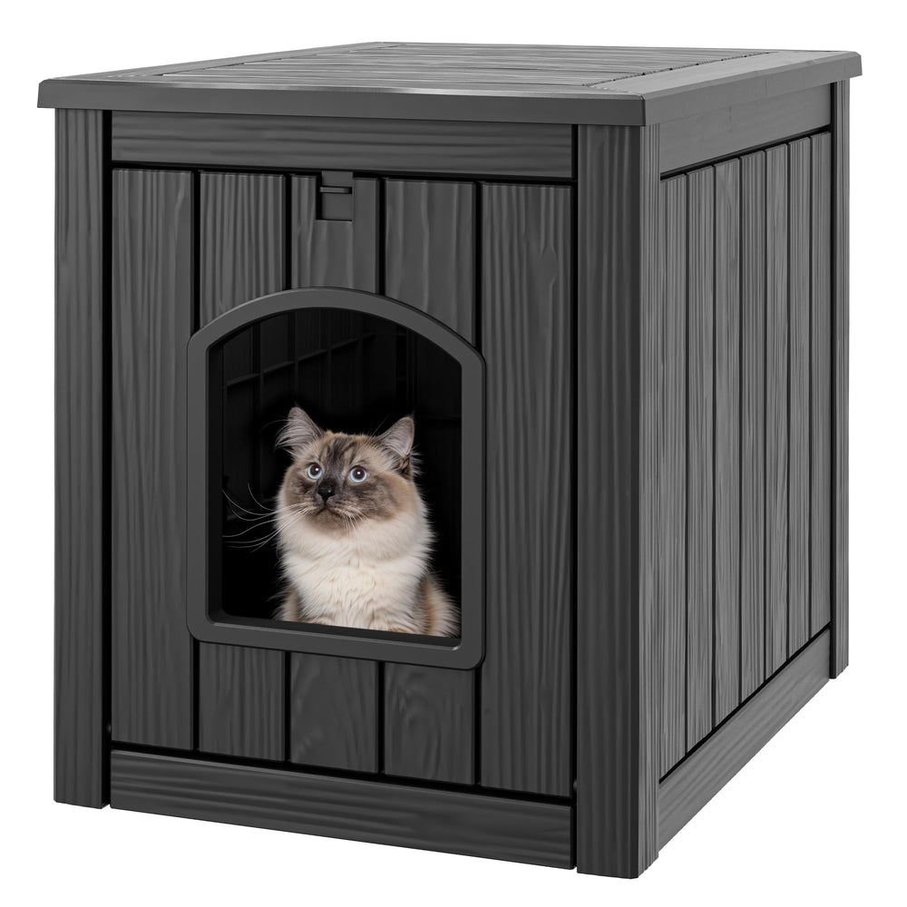 WTFGO cat litter box enclosure with front door open for quick cleaning