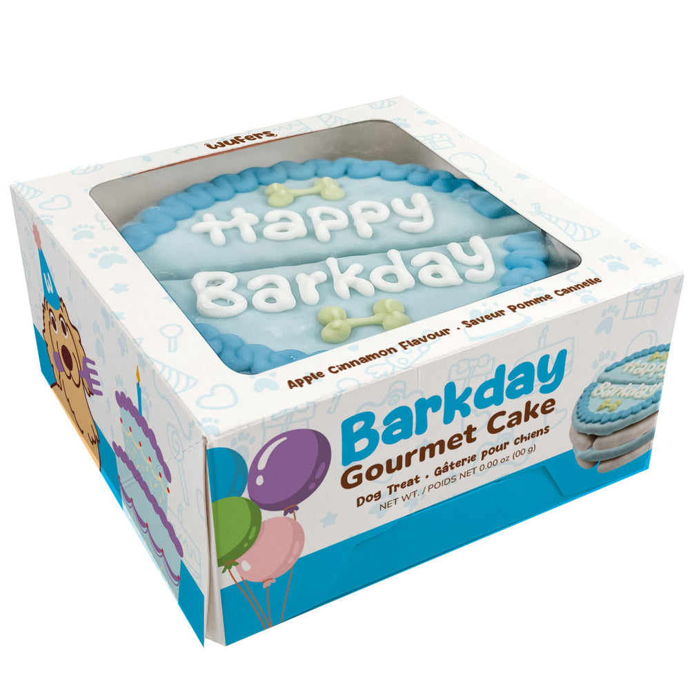 WÜFERS Birthday Cake blue box presents a festive dog treat display