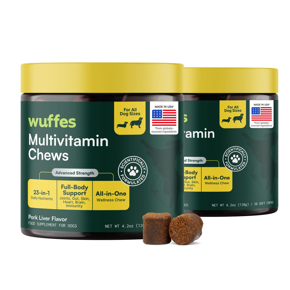 Wuffes 23in1 multivitamin soft chews bottle supports daily vitality for dogs.