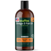 Wuffes Advanced Omega 3 dog oil bottle highlights glossy coat health