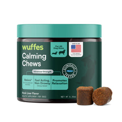 Wuffes Calming Soft Chews bottle close-up for daily dog stress relief.