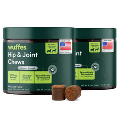 Wuffes Hip & Joint supplement bottle showing mobility support for large dogs.