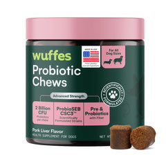 Wuffes Daily Probiotic bottle shown, supporting balanced gut health for dogs.