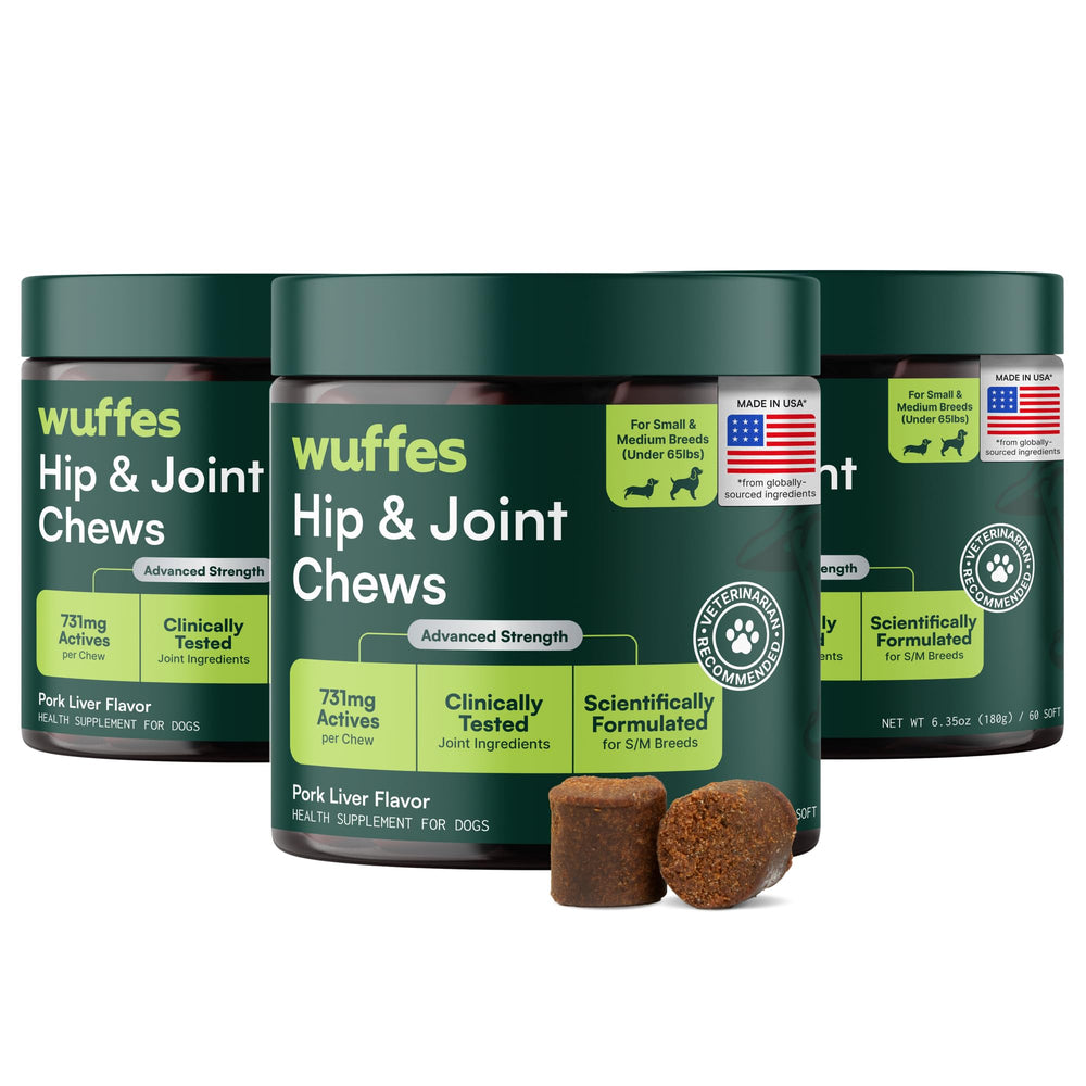 Wuffes hip and joint chews tub front promoting overall joint support.