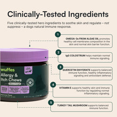 Wuffes omega3 algae oil chews promoting healthy coat.