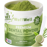WuffWell bottle of dog teeth cleaning powder for daily oral care and fresher breath