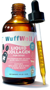WuffWell liquid collagen for dogs bottle pour suggesting joint support during play.