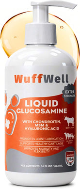 WuffWell liquid glucosamine bottle with pump supports dog mobility.