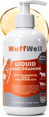 WuffWell liquid glucosamine bottle with pump supports dog mobility.