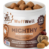 WuffWell Mighty Mushroom bottle closeup highlighting vitality support for aging dogs.