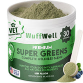 WuffWell Super Greens dog powder bottle for daily vitality and convenience.