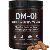 Wvnscl DM-01 dog multivitamin bottle highlights daily wellness and key nutrients.