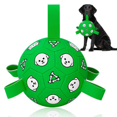 WYNTRIUM dog soccer ball with straps, front view, easy carry for fetch and tug
